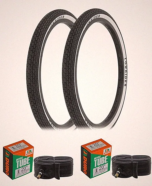 1PAIR! Bicycle Tires & Tubes 20" x 1.75" Black/White LOWRIDER BRANDED Side Wall.