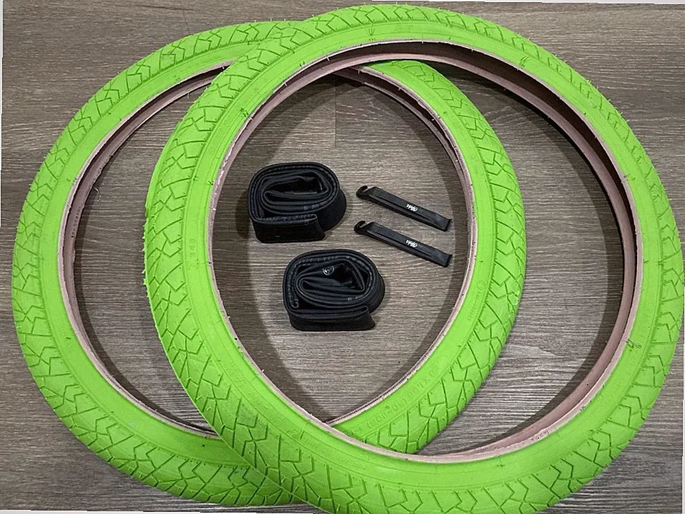 20" Pair of BMX Bicycle Slick Lime Green Street Tires Tubes & Levers 20X1.95