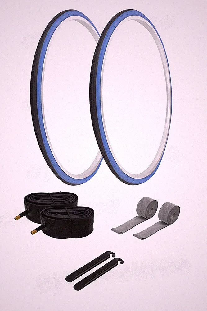 27 x 1 1/4 Bicycle Black/ Blue Wall Tires + Tubes Bike Touring Road Slick PRO+