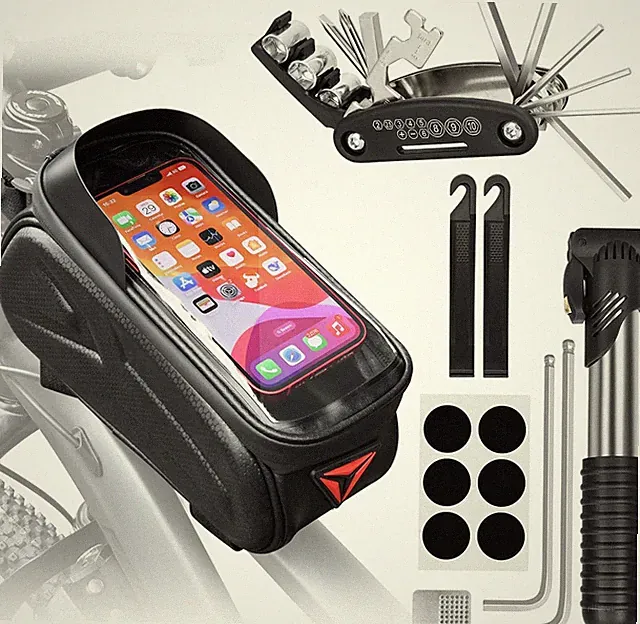 Bike Phone Bag Waterproof Frame Handlebar Pouch with Repair Kit & Pump