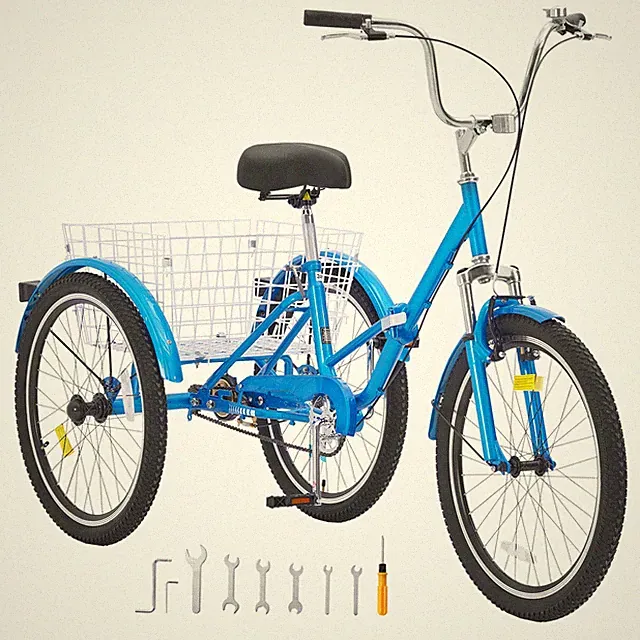 Foldable Adult Tricycle 24" 7 Speed Adult 3-Wheel Trikes Carbon Steel Blue