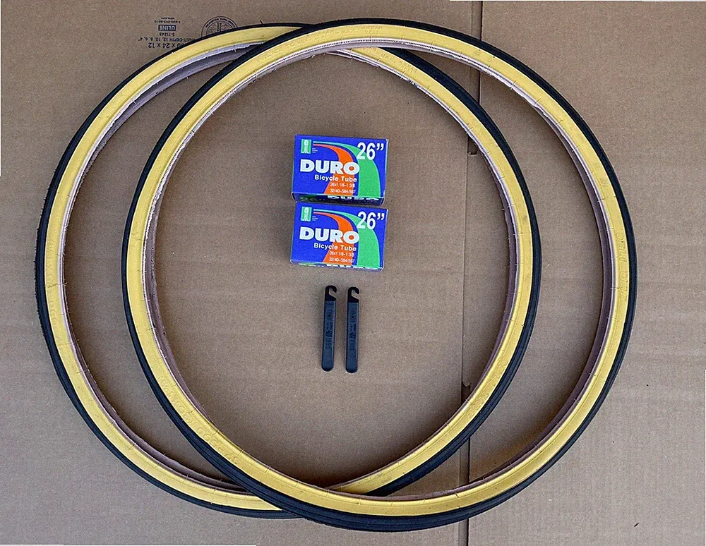 Set of 26 x 1 3/8 Bicycle Black/Gum Wall Tires + Tubes Bundle Touring Slick DELI